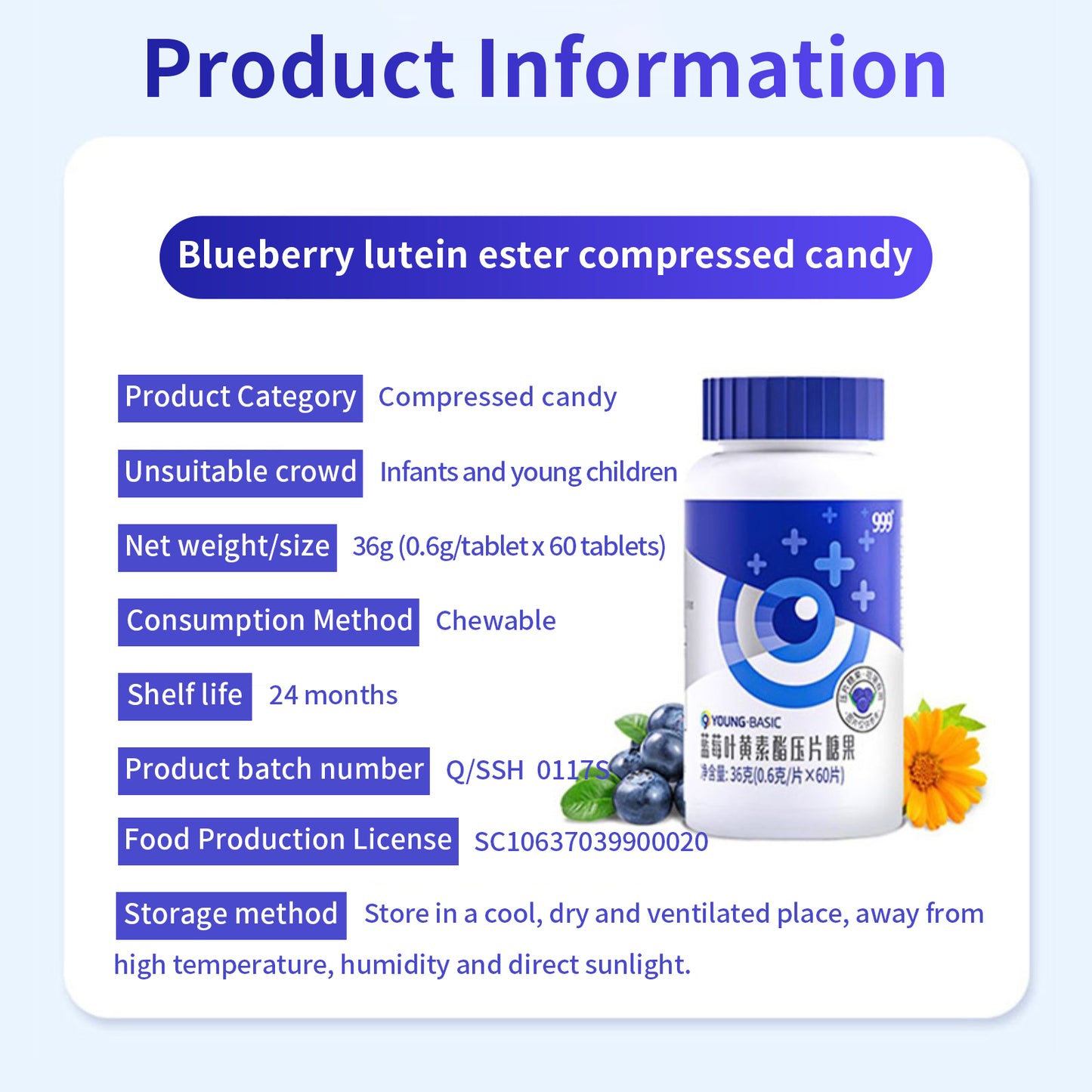 999 Young-BASIC Blueberry Lutein Esters Chewable Tablets- Natural Nutrition Supplement, Antioxidant, Eye Health, 60 Tablets,protection adult children eye,Dry eyes,fatigue,children's myopia protection,relieve eye strain,health supplements - 999 Medical